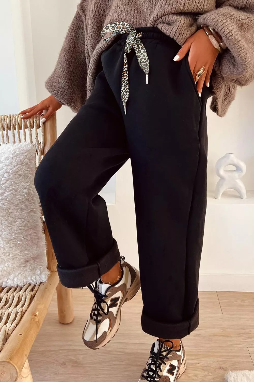 Black High-Waisted Straight Pants with Drawstring | Pants Daverri Fashions