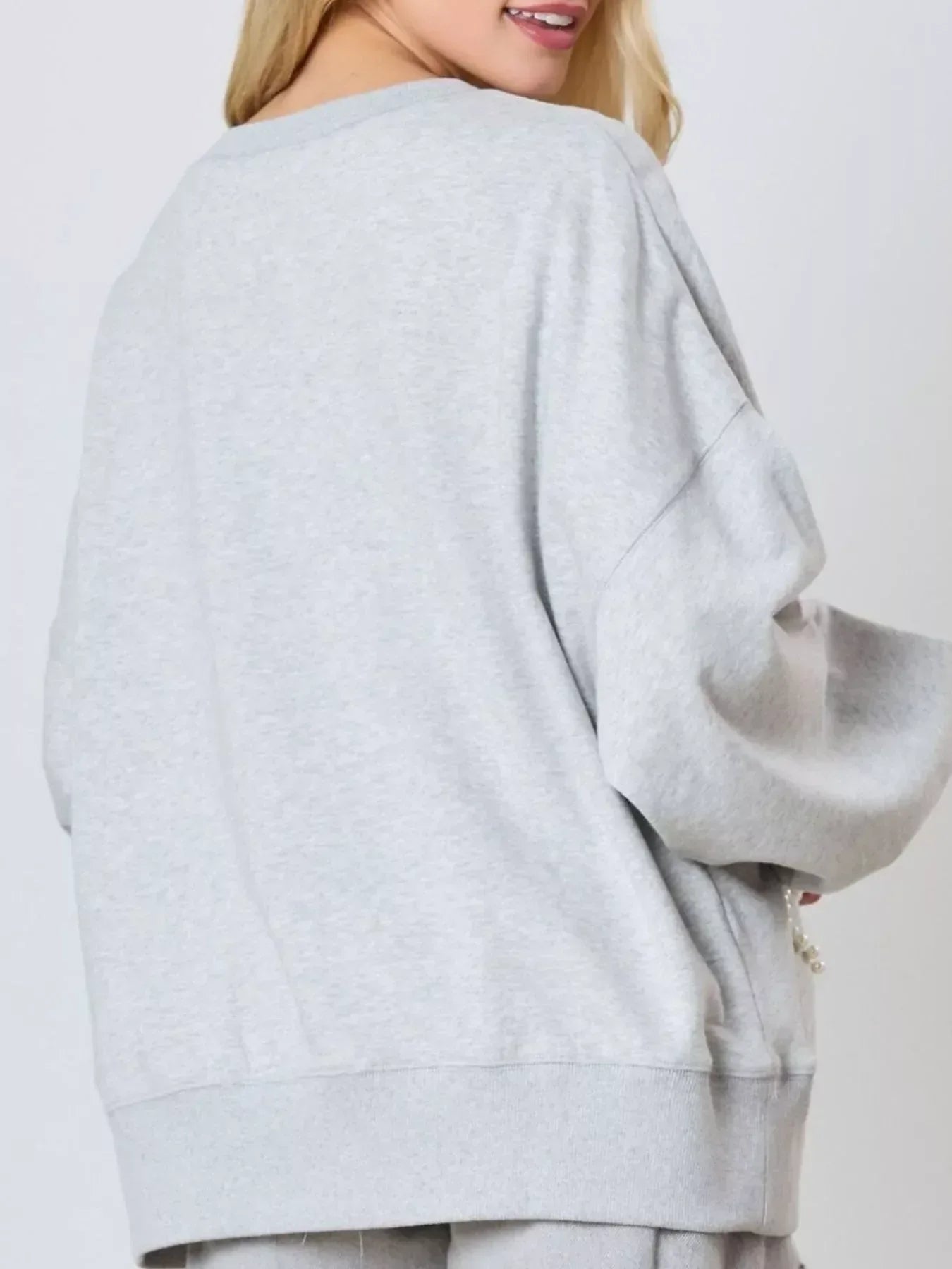 Pearl Embellished Bow Long Sleeve Sweatshirt - DAVERRI FASHIONS