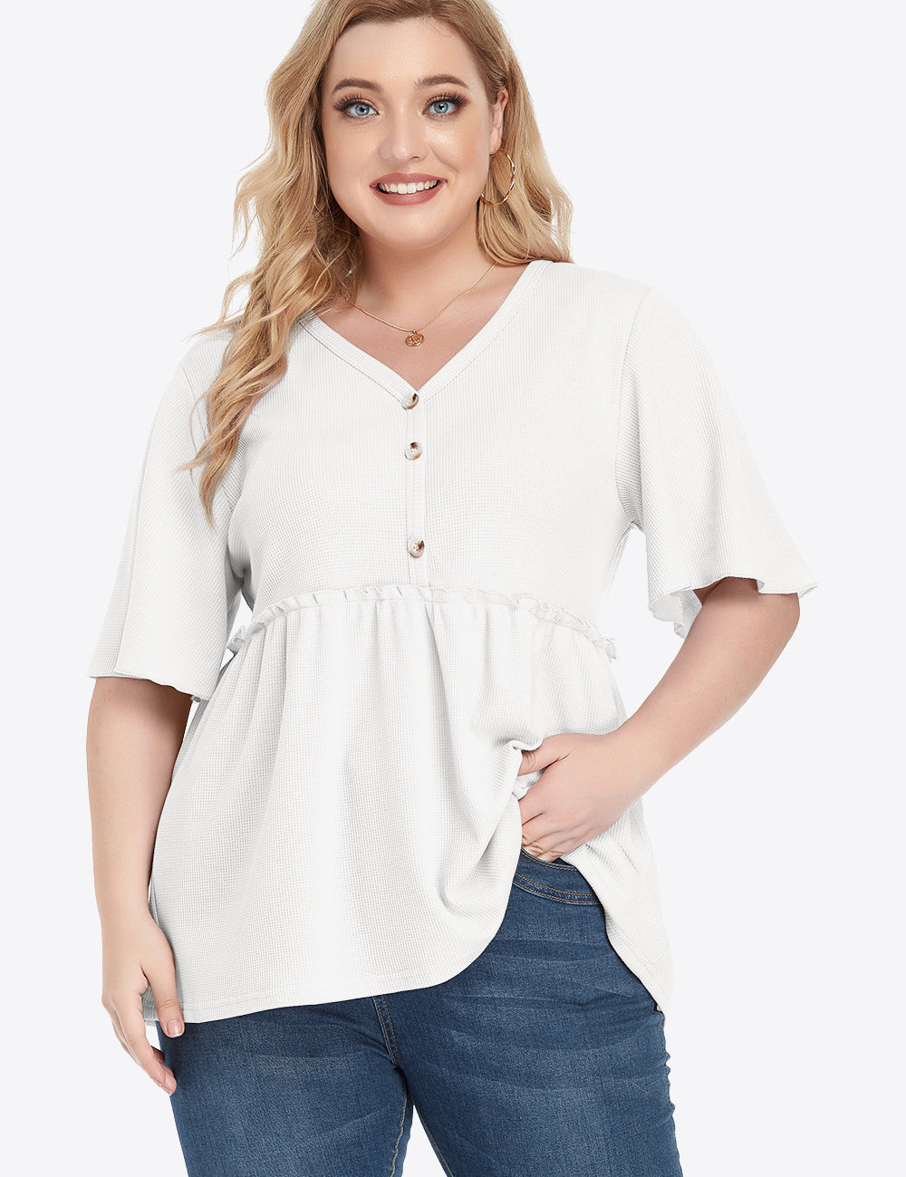 Plus size cream V-neck babydoll blouse with ruffled hem and buttons