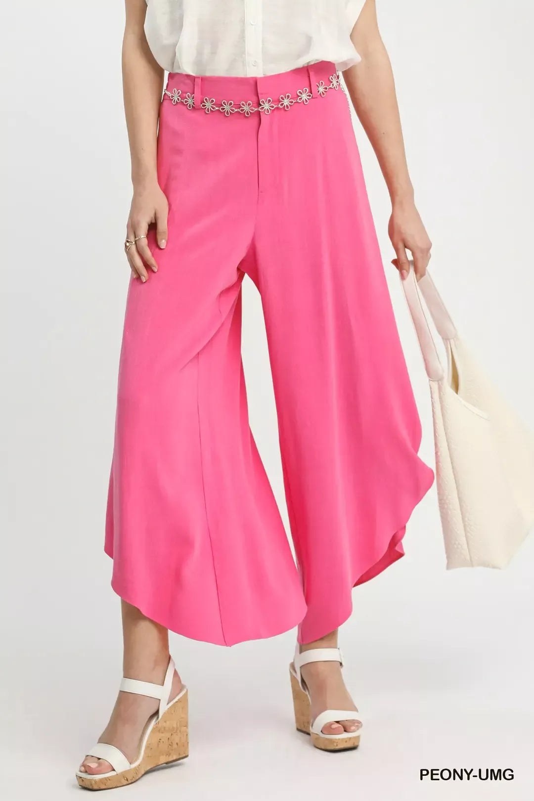Bright pink Umgee Flowy wide-leg pants with floral belt detail