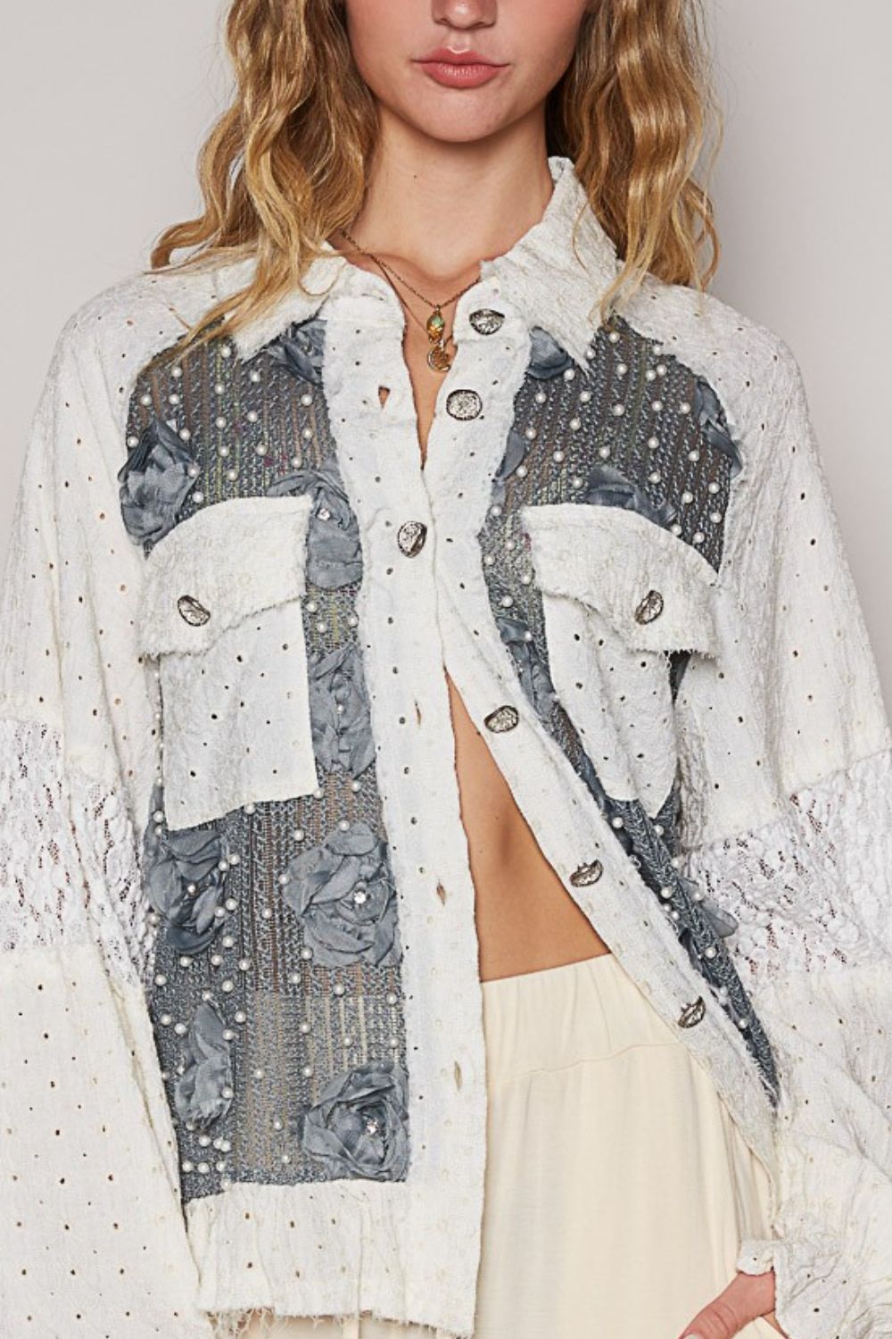 POL Eyelet Flower Pearl Detail Lace Patchwork Shirt Shirts