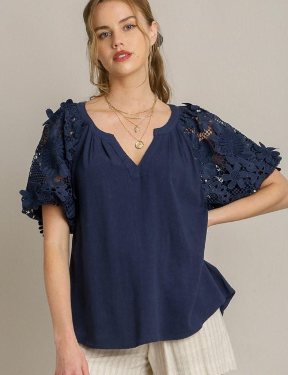Dark Navy Umgee Full Size French Terry Boxy Cut Top with 3D Floral Sleeve Plus Size | Tops Daverri Fashions