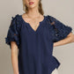 Umgee Full Size French Terry Boxy Cut Top with 3D Floral Sleeve Plus Size Dark Navy Tops