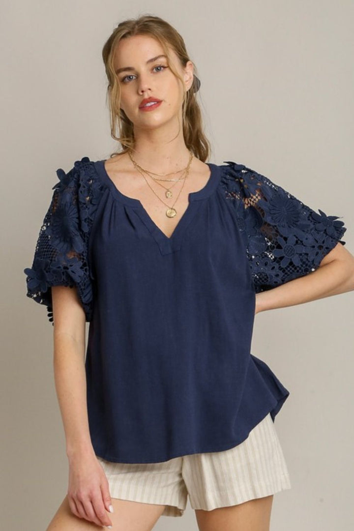 Umgee Full Size French Terry Boxy Cut Top with 3D Floral Sleeve Plus Size Dark Navy Tops