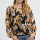 Umgee Autumn Leaf Print Balloon Sleeve Blouse BLACK MIX Blouses
