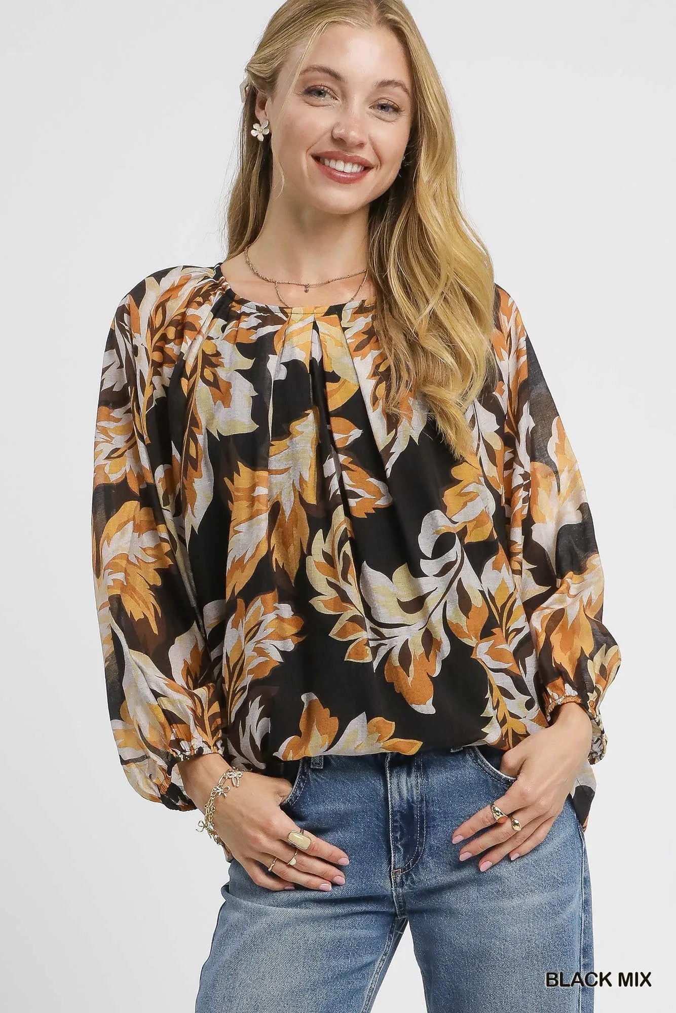 Umgee Autumn Leaf Print Balloon Sleeve Blouse BLACK MIX Blouses