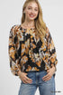 Umgee Autumn Leaf Print Balloon Sleeve Blouse BLACK MIX Blouses
