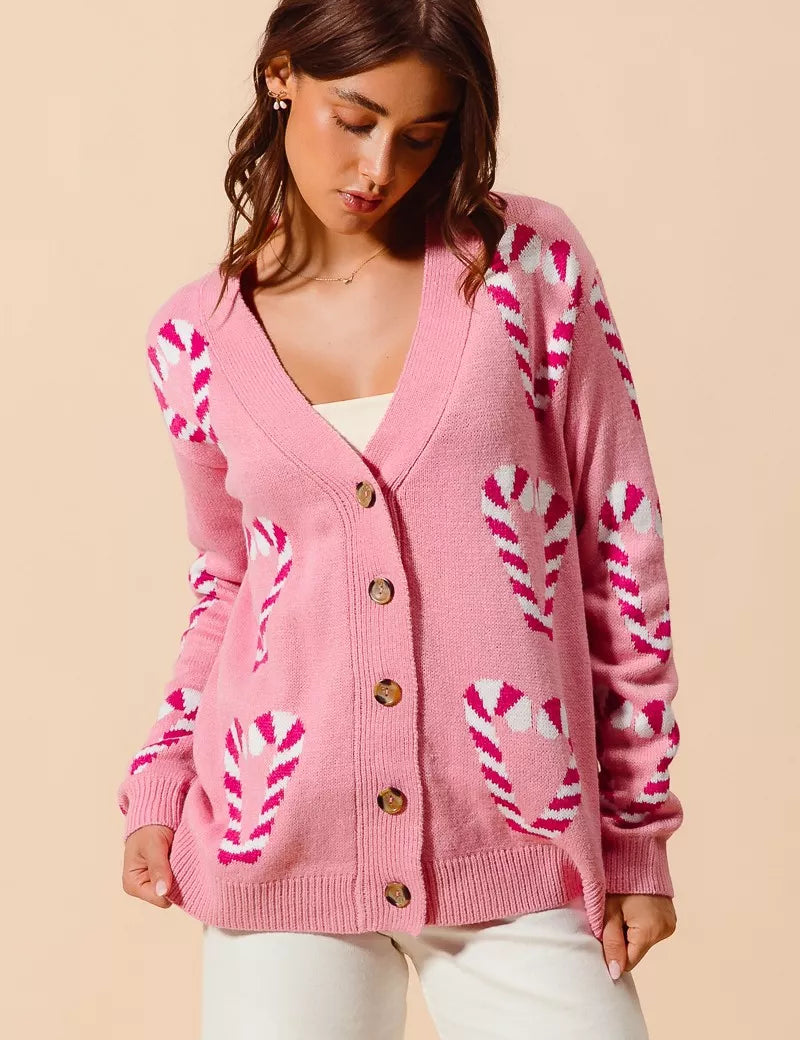 PINK M SO ME Christmas Candy Cane Button Front Sweater Cardigan | Cardigans Daverri Fashions
