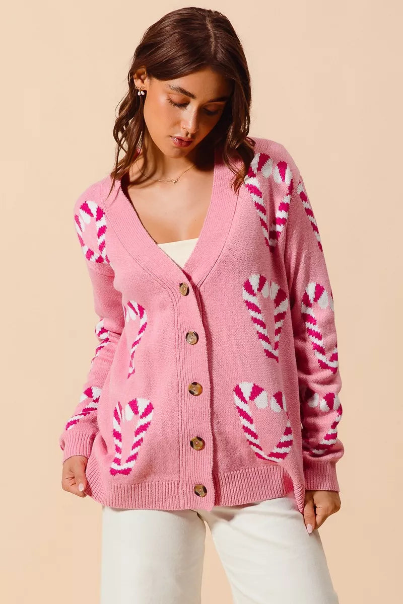PINK M SO ME Christmas Candy Cane Button Front Sweater Cardigan | Cardigans Daverri Fashions