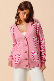 PINK M SO ME Christmas Candy Cane Button Front Sweater Cardigan | Cardigans Daverri Fashions