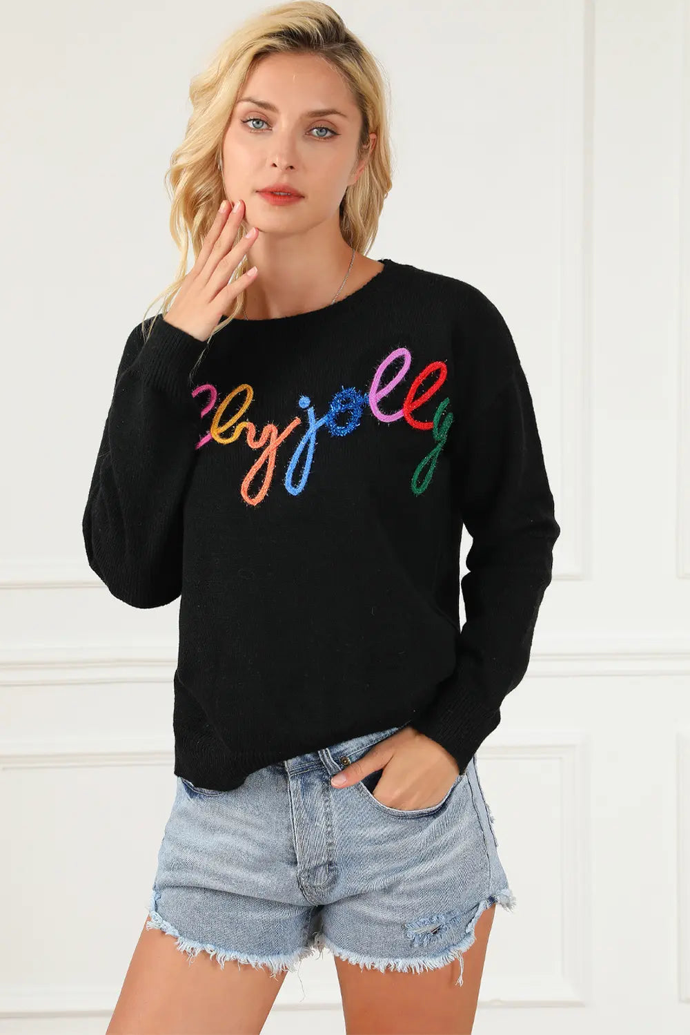 Graphic Round Neck Long Sleeve Sweater | Sweaters Daverri Fashions