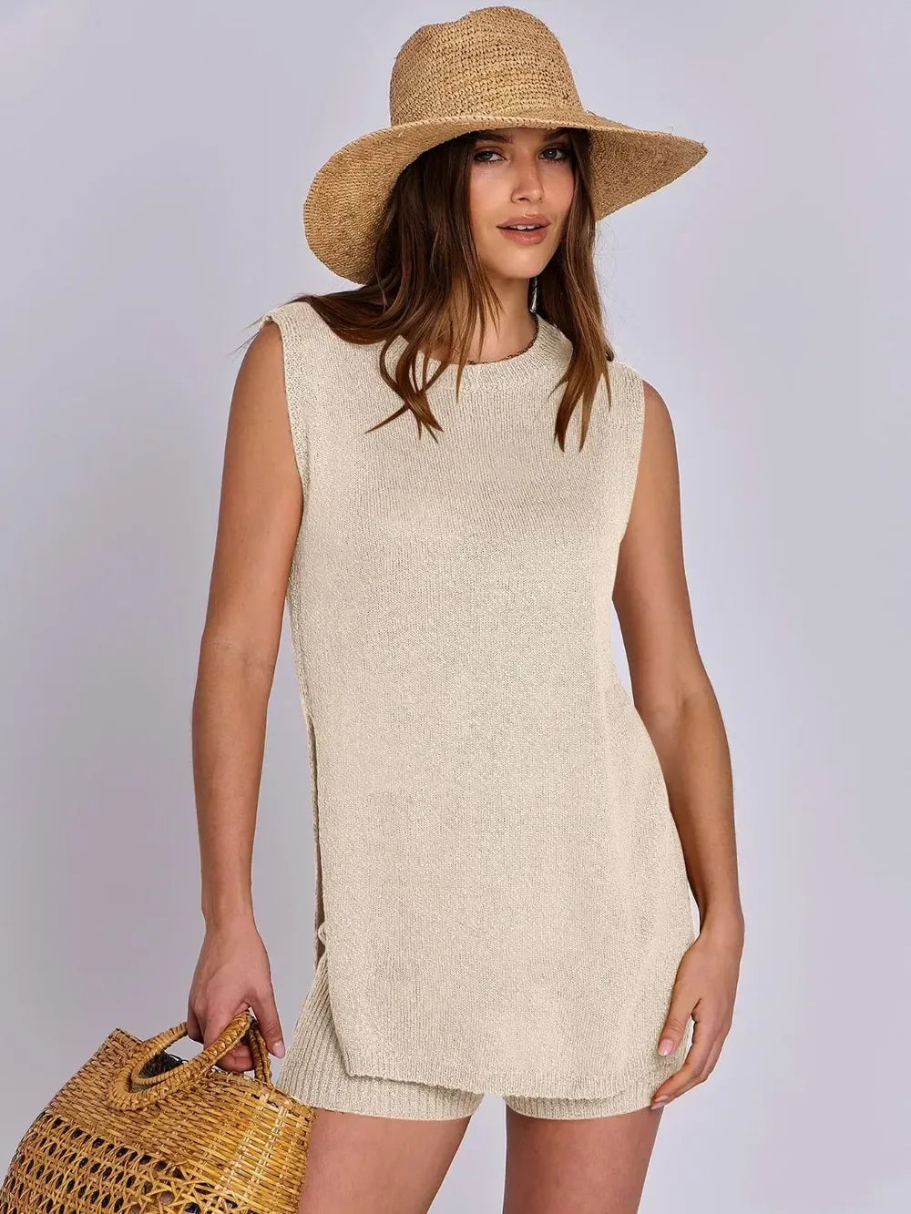 Daverri Fashions Side Slit Round Neck Tank and Ribbed Shorts Sweater Set - DAVERRI FASHIONS