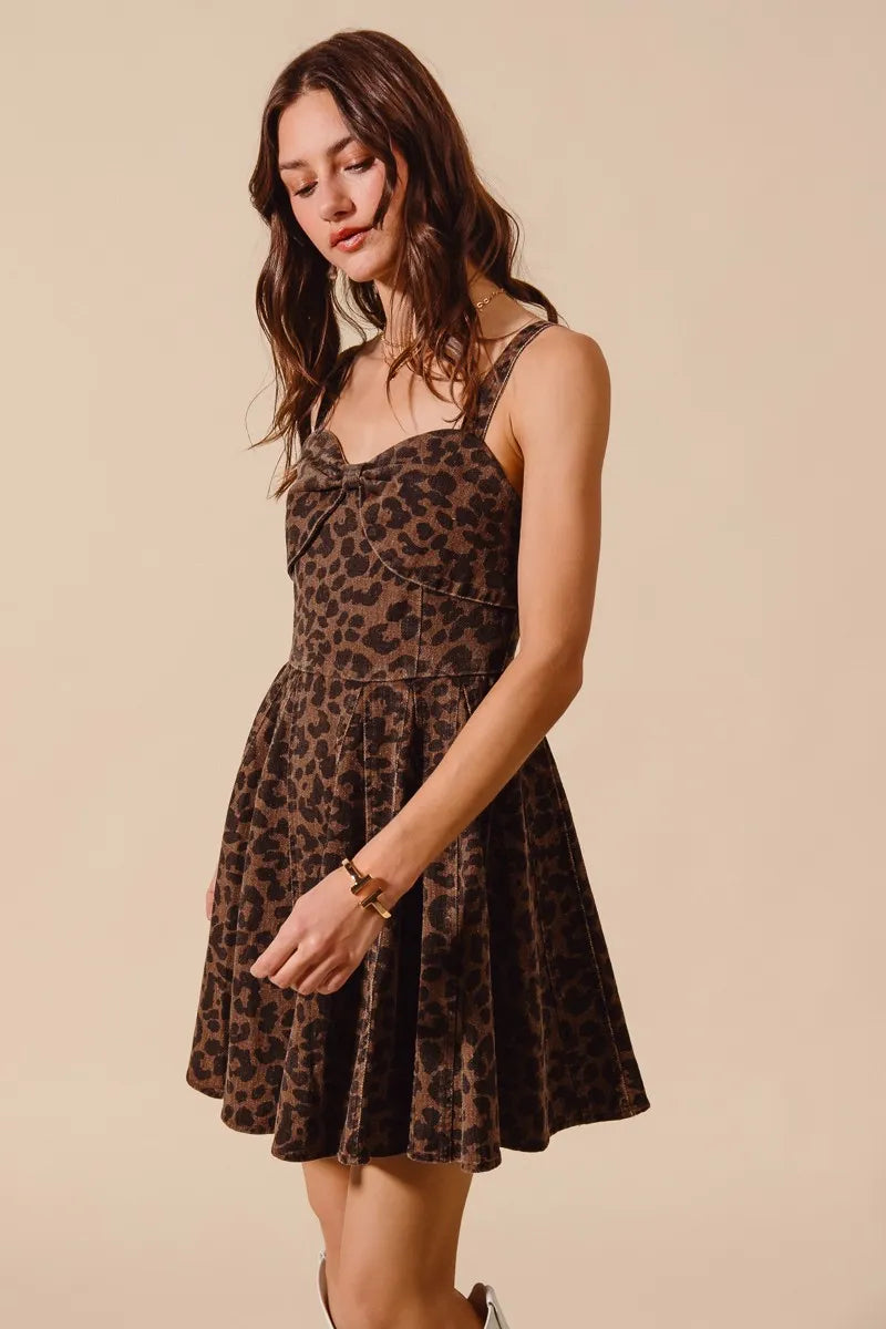SO ME Mineral Washed Leopard Flare Cami Dress Mini Dresses