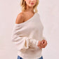 BiBi Waffle Knit Off-Shoulder Cream Ribbed Sweater with Balloon Sleeves
