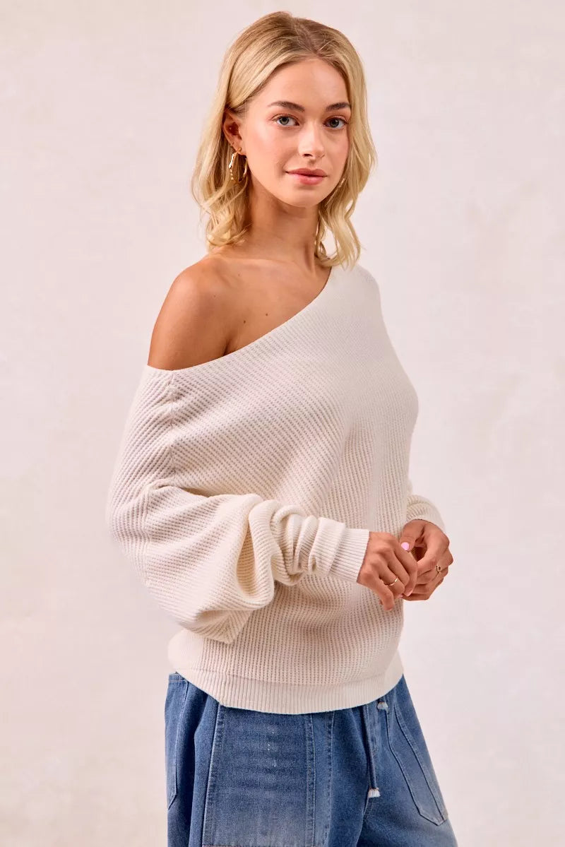 BiBi Waffle Knit Off-Shoulder Cream Ribbed Sweater with Balloon Sleeves