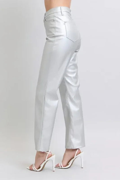 Judy Blue Full Size High Waist Silver Faux Leather Pants Plus Size - DAVERRI FASHIONS