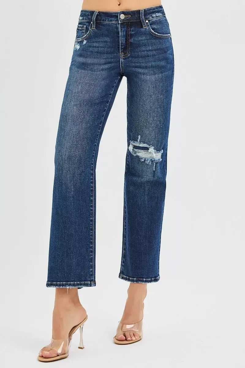 RISEN High Rise Crop Slim Straight Jeans with Hidden Knee Patch - DAVERRI FASHIONS
