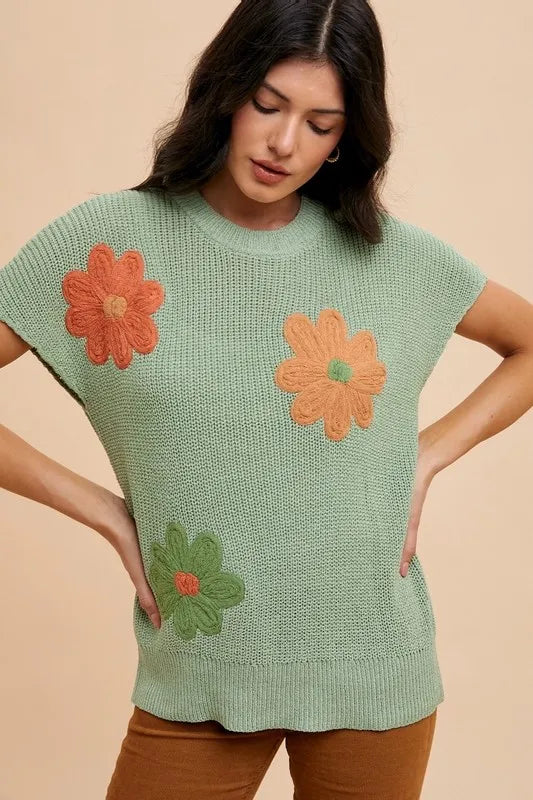 Annie Wear Large Flower Embo Dolman Sleeve Summer Sweater Top SAGE