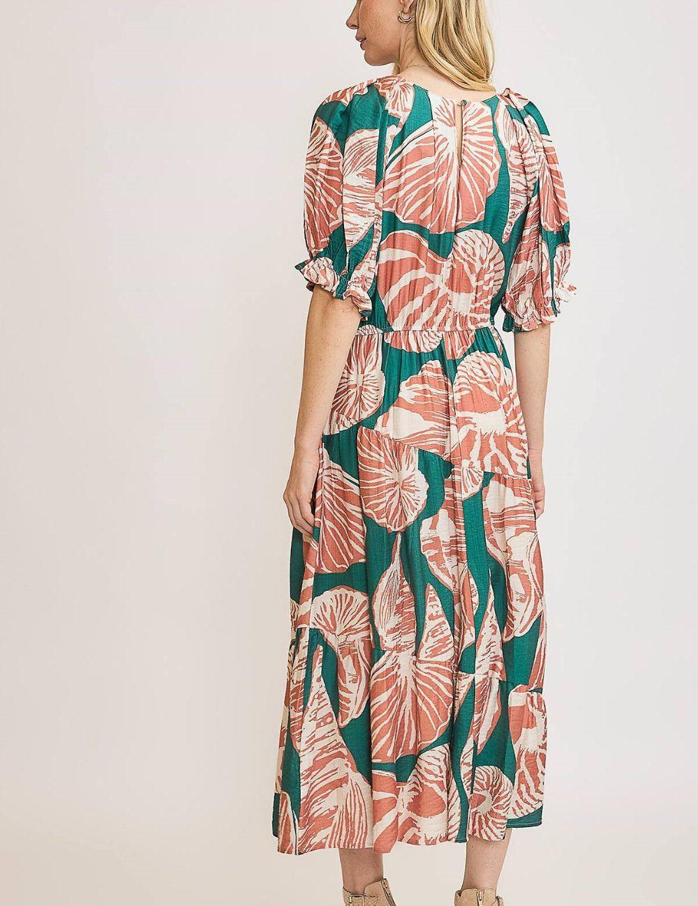 Umgee Full Size Printed Notched Puff Sleeve Midi Dress Plus Size | Daverri Fashions