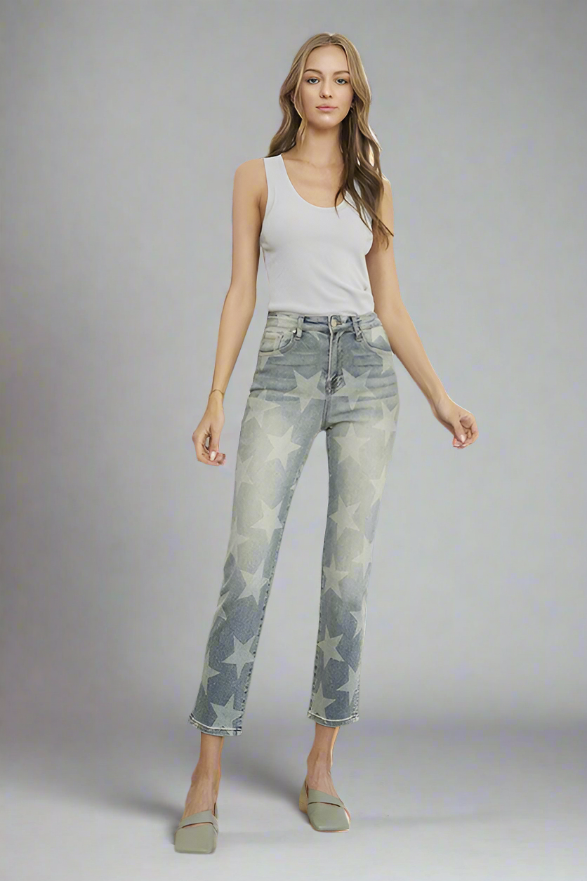 Insane Gene High Rise Star Print Cropped Girlfriend Jeans Jeans