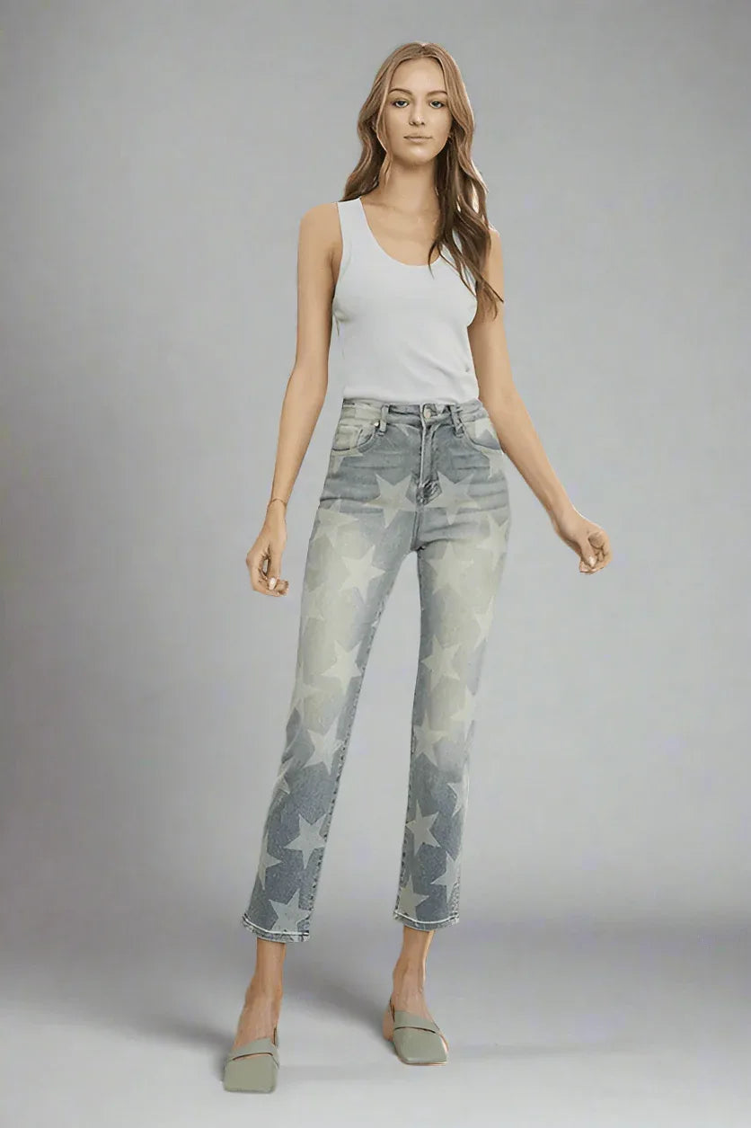 Insane Gene High Rise Star Print Cropped Girlfriend Jeans - DAVERRI FASHIONS
