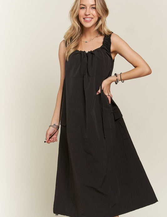 ADORA Drawstring Slit Back Cargo Dress Black