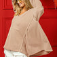Beige waffle-knit oversized BiBi V-neck sweater with long sleeves