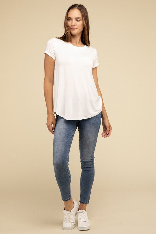 Flowy Round Hem Rayon Short Sleeve Top T-Shirts