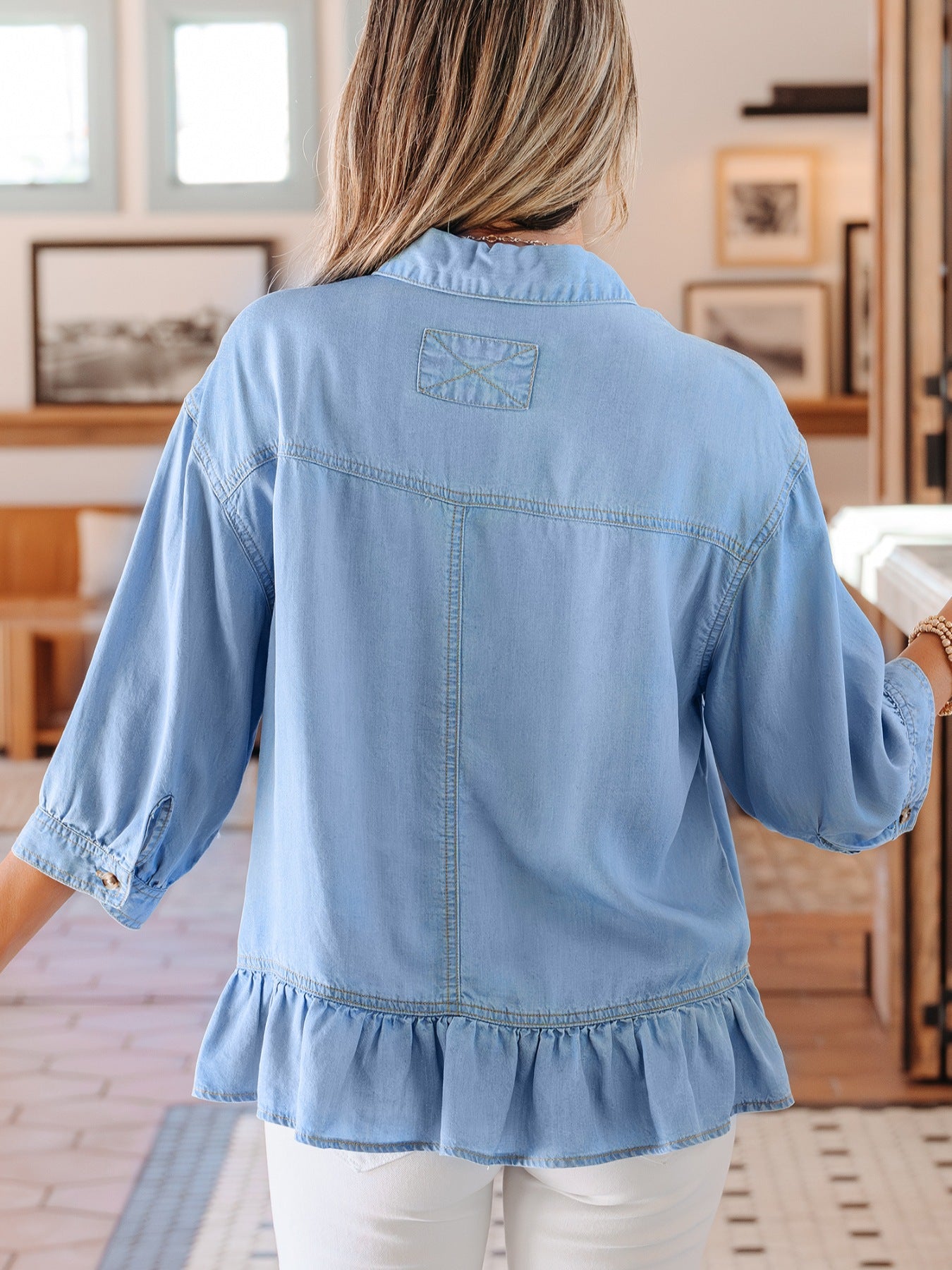 Daverri light blue chambray ruffled hem half sleeve shirt