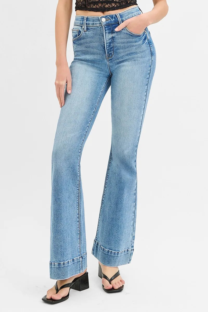 RISEN Full Size Tummy Control Elastic Band High Rise Flare Jeans Plus Size MEDIUM Jeans