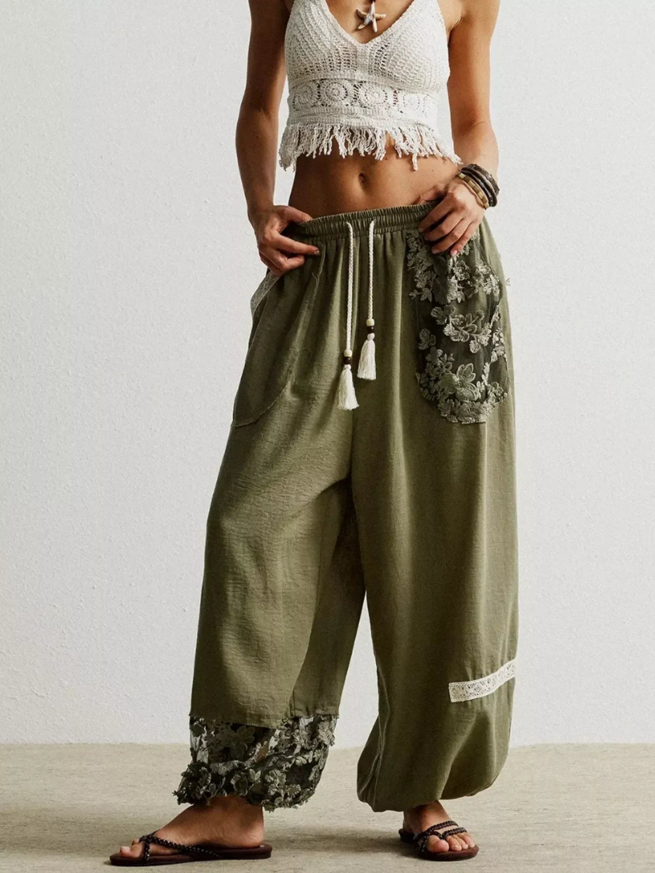 Lace Detail Drawstring Harem Pants - DAVERRI FASHIONS