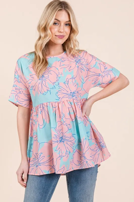 BOMBOM Floral Babydoll Tunic Top AQUA