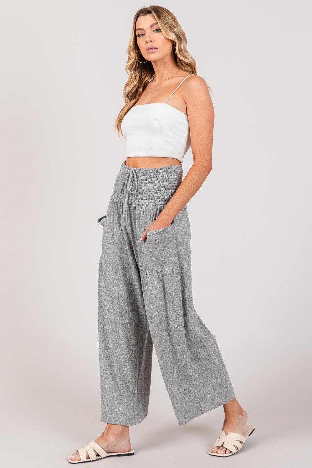 SAGE + FIG Drawstring Smocked High Waist Pants Gray L Pants