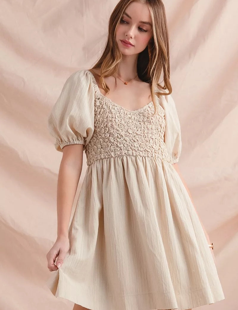 DUSTY PINK SO ME Textured Woven Daily Dress with Puff Sleeves | Mini Dresses Daverri Fashions