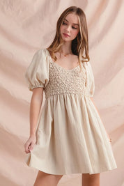 DUSTY PINK SO ME Textured Woven Daily Dress with Puff Sleeves | Mini Dresses Daverri Fashions