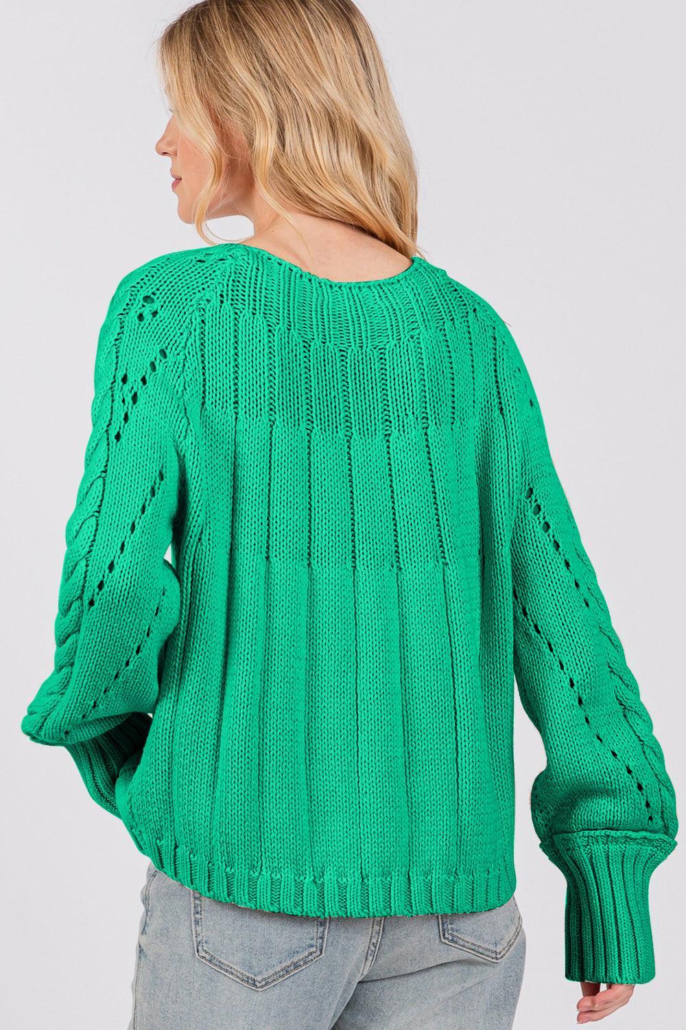 SAGE + FIG Cable-Knit Long Sleeve Sweater Green - DAVERRI FASHIONS