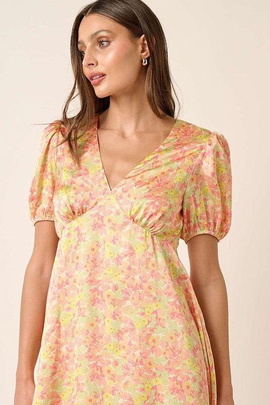 Mittoshop Printed V-Neck Puff Sleeve Mini Dress - DAVERRI FASHIONS