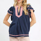 Umgee navy blue linen ruffle sleeve top with pink trim