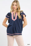Umgee navy blue linen ruffle sleeve top with pink trim