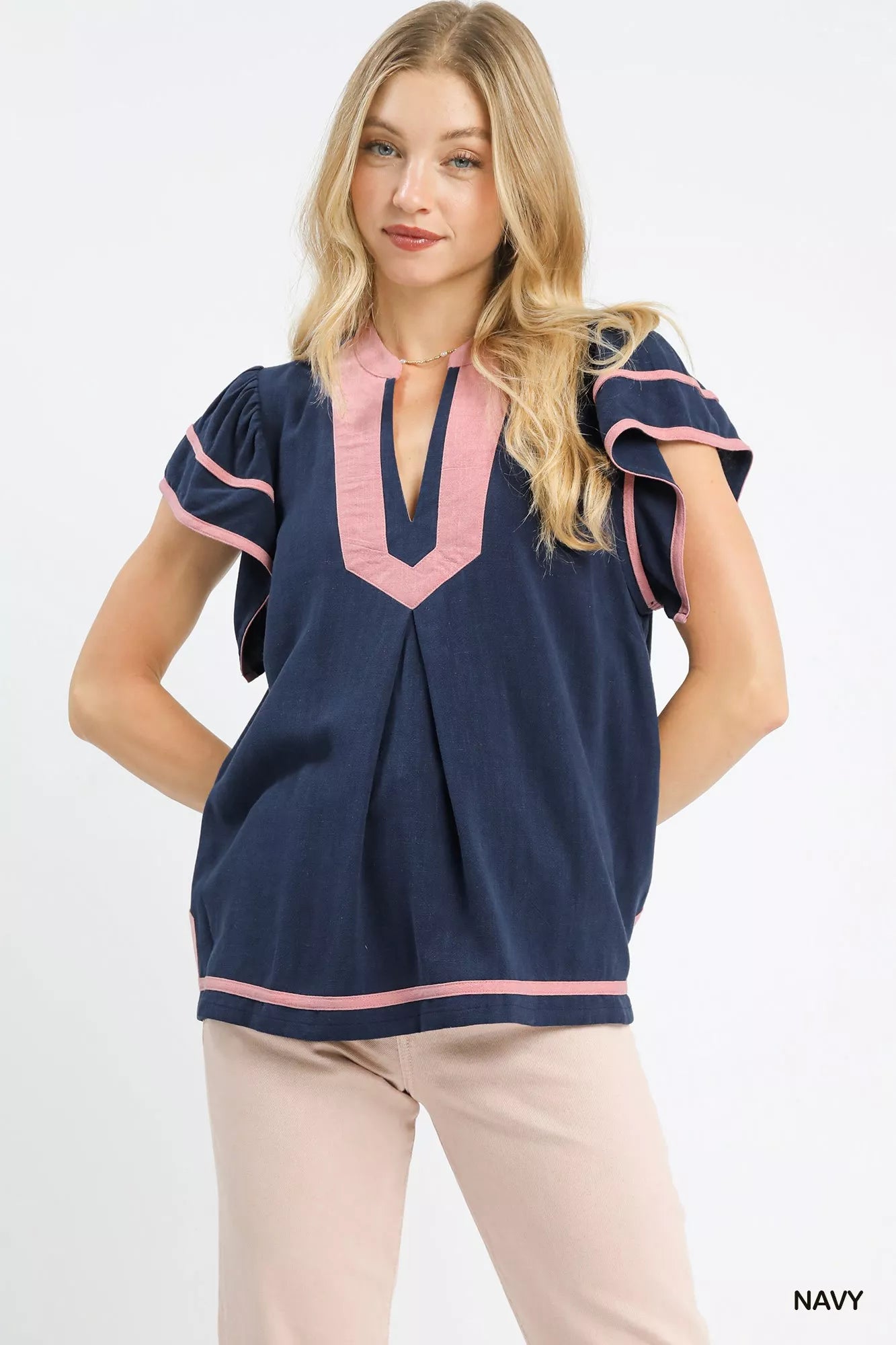 Umgee navy blue linen ruffle sleeve top with pink trim