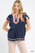 Umgee navy blue linen ruffle sleeve top with pink trim