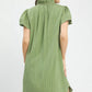 Umgee sage green flutter sleeve V-neck shift dress, pleated texture