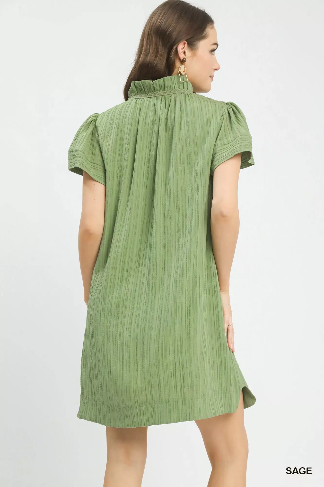Umgee sage green flutter sleeve V-neck shift dress, pleated texture