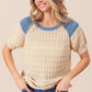 BiBi Textured Contrast Short Sleeve Sweater Oatmeal Denim Sweaters