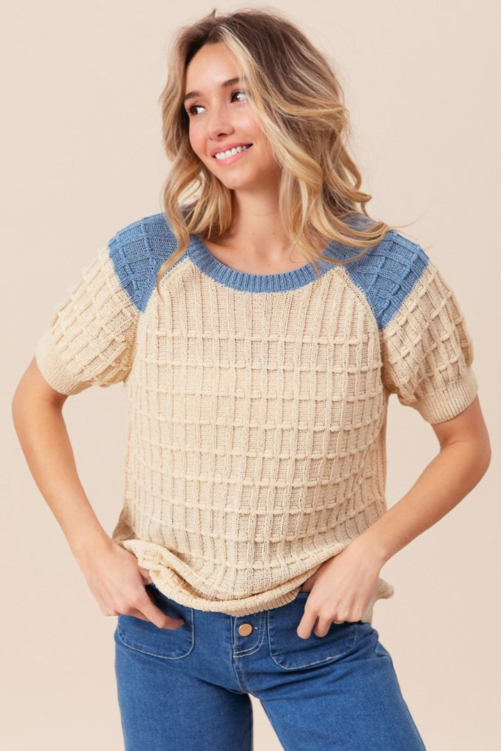 BiBi Textured Contrast Short Sleeve Sweater Oatmeal Denim Sweaters