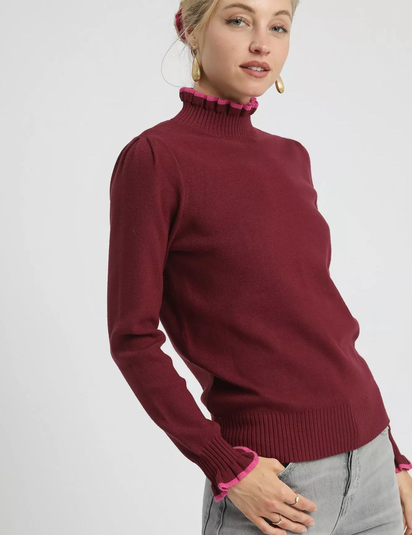 Umgee Ribbed Round Neck Sweater with Ruffle Contrast Trim | Sweaters Daverri Fashions