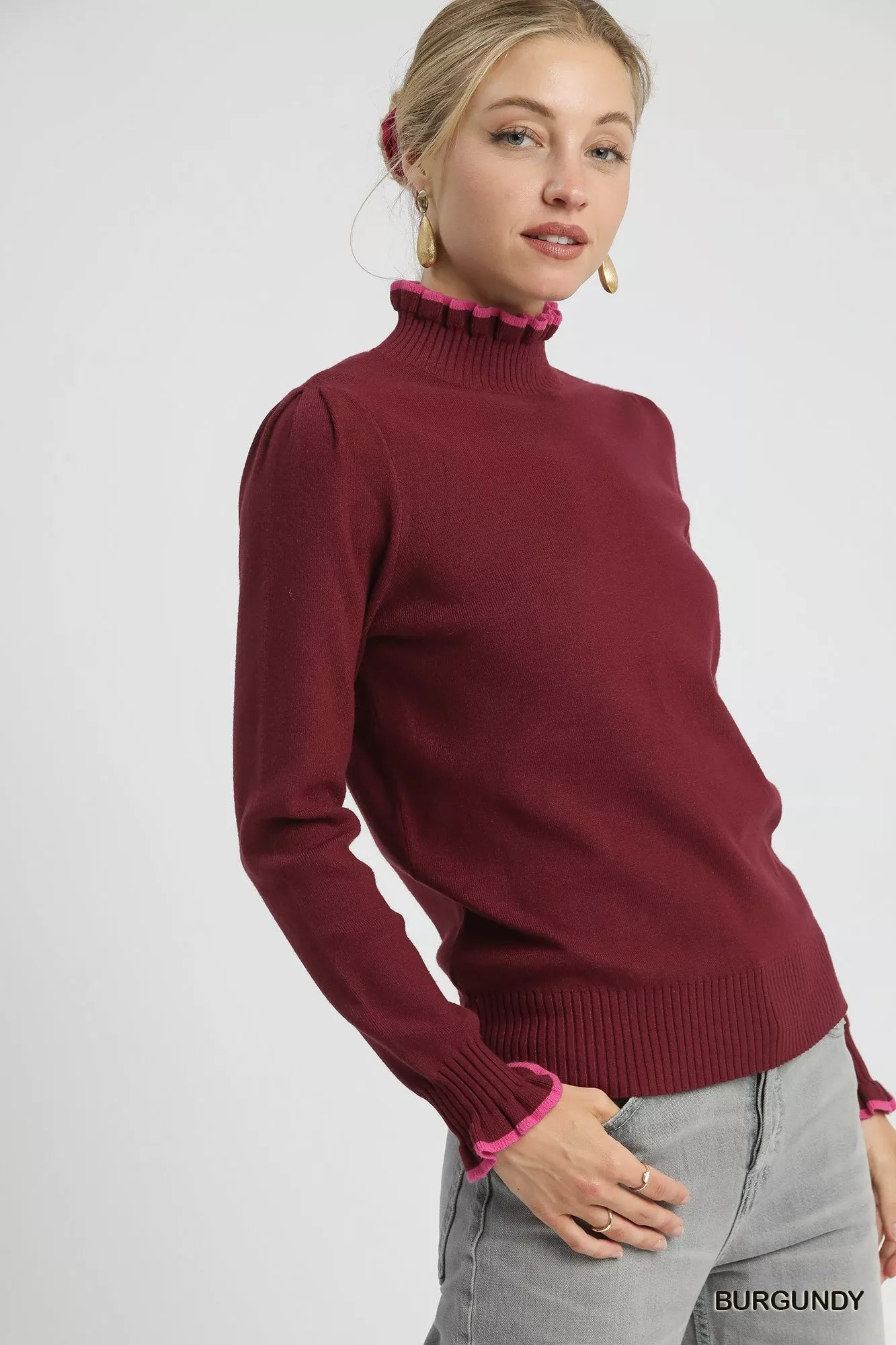 Umgee Ribbed Round Neck Sweater with Ruffle Contrast Trim | Sweaters Daverri Fashions