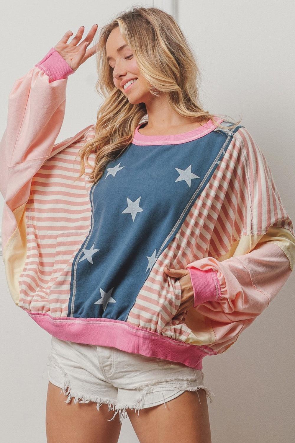 BiBi Stars and Stripes Round Neck Long Sleeve Top XL Blush Multi XL Tops