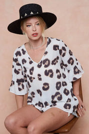 BiBi Leopard Printed V Neck Woven Top with Ruffled | Blouses Daverri Fashions