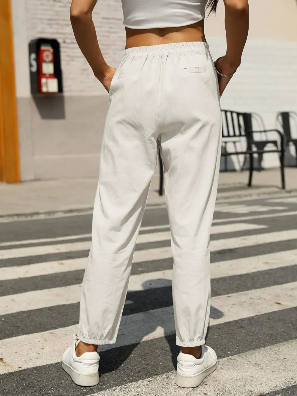 Daverri Fashions white cotton jogger pants with elastic waist and tapered ankles